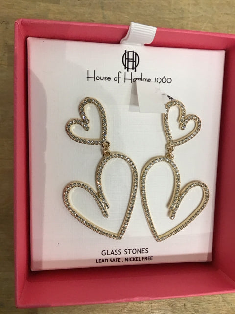 Goldtone Double Heart Glass Stone Dangle Earrings