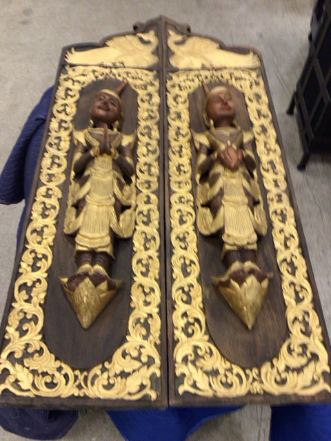 Pair Of Wood & Gold Carved Buddha Panels