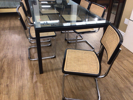 Set Of 6 Chrome & Black Cane Back Dining Chairs