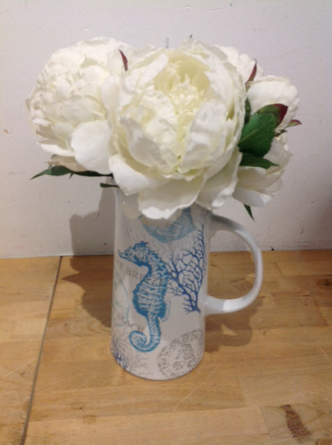 10" Ceramic Sea Life Pitcher W White Flowers