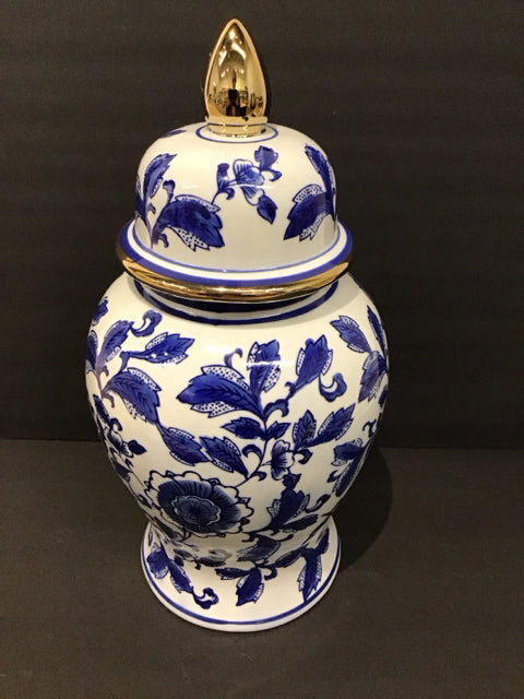 15" Blue/White Painted Urn w/Gold Accents