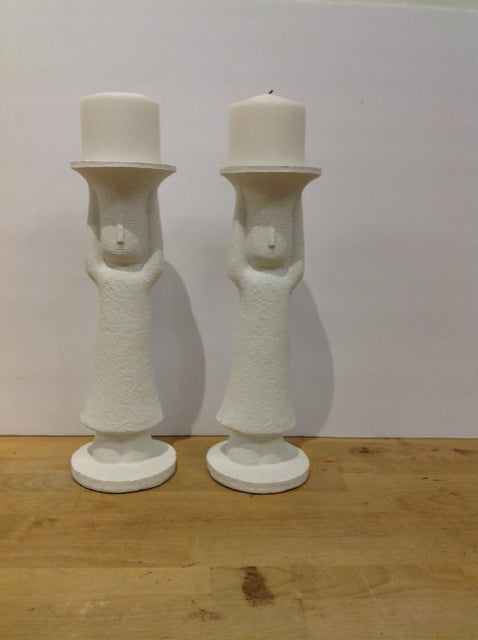 12" Pair White Resin Candle Holders