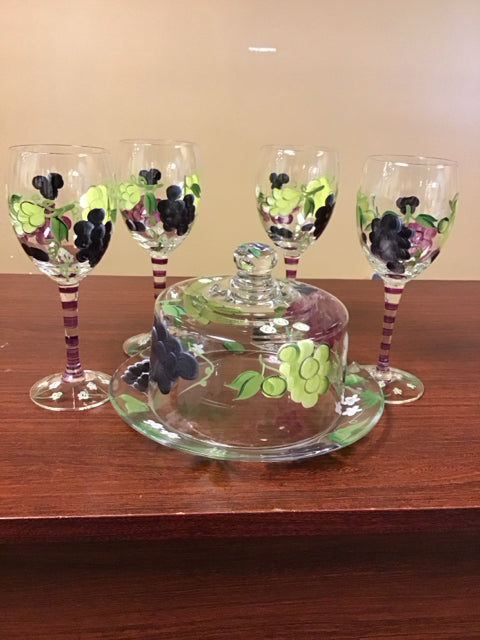 5 PC Cheese Server & 4 Wine Glasses Hand Painted