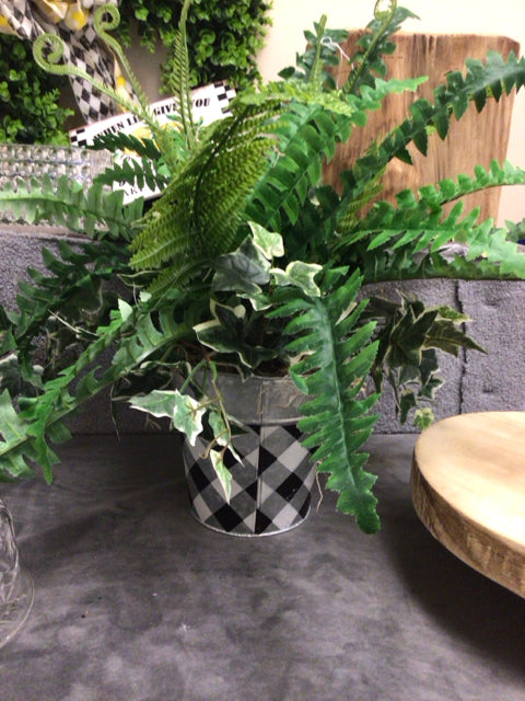 17" Faux Potted Plant In Checkered Tin Planter