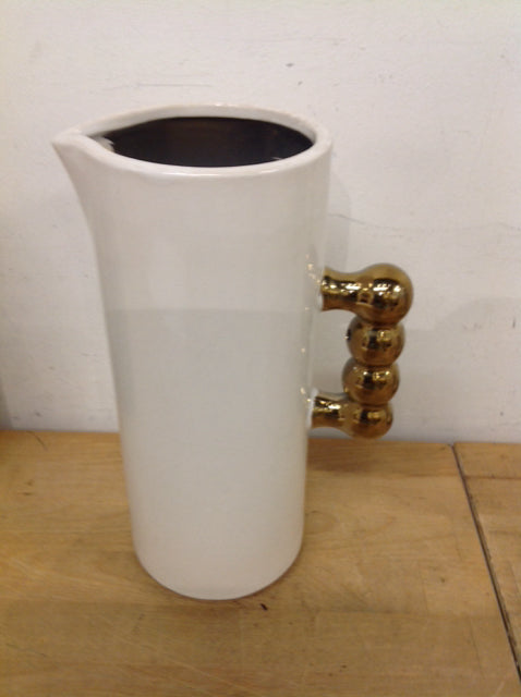 Vase- 11" Ceramic White & Gold Pitcher