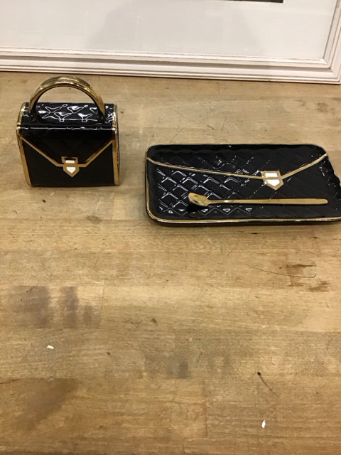 3 PC Hand Bag Gold & Black Tea Set