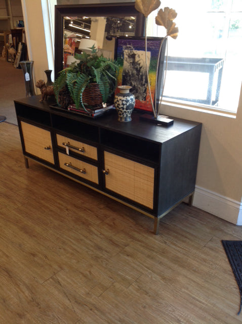 Black Faux Wood Console w/Rattan AS-IS Multiple Scratches