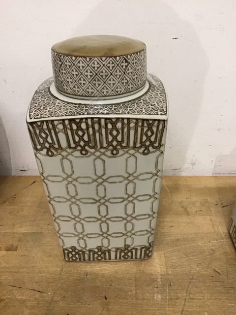 13" Brown & Beige Geometric Lidded Jar