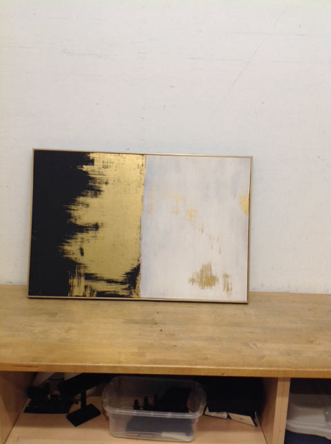36x24 Black/White/Gold Abstract  Mixed Media  AS-IS