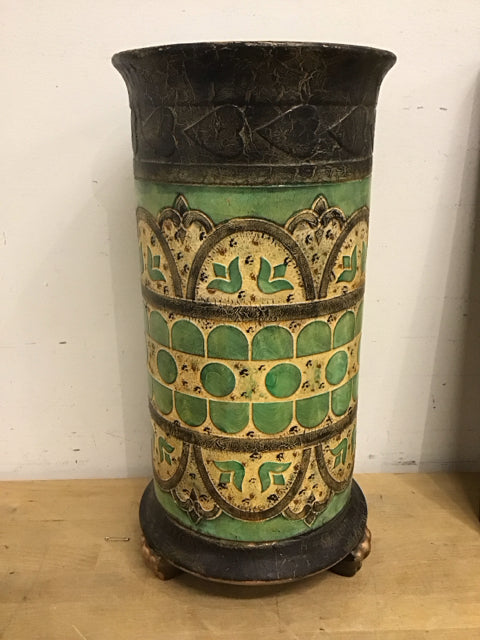 19" Distresseb Black & Teal Leaf Print Umbrella Holder