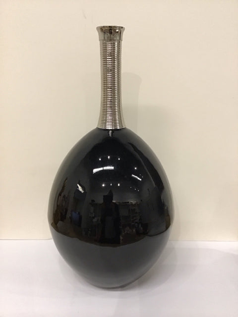 23" Glossy Black Bulbous Vase w/Ribbed Chrome Neck