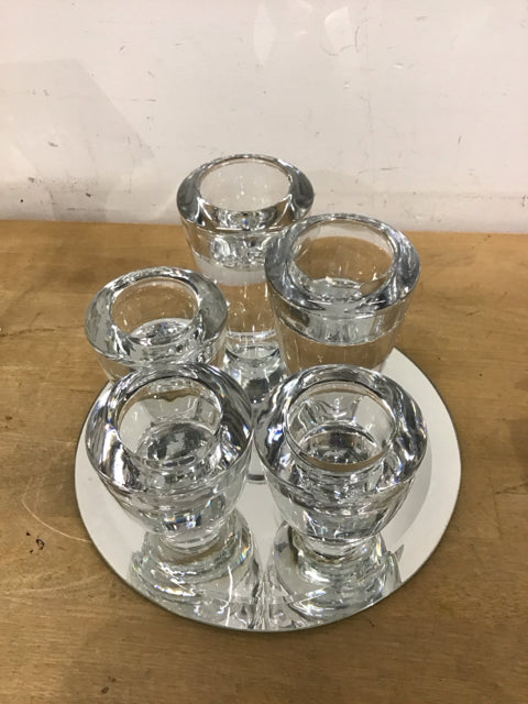 Set Of 6 Candle Holder W/Mirrored Tray