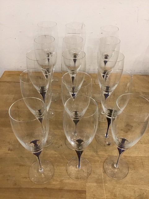 Set Of 15 Claret Wine 13 & Water Goblet 2 Intermezzo Blue By Orrefors