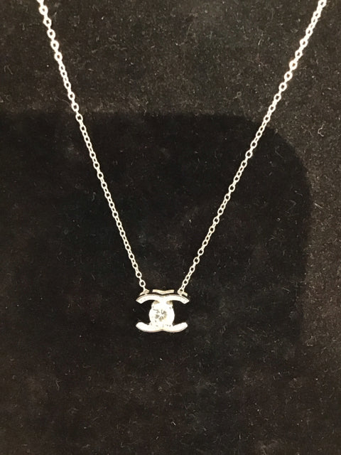 18" Chanel Style Sim Diamonds Look A Like Silver Necklace
