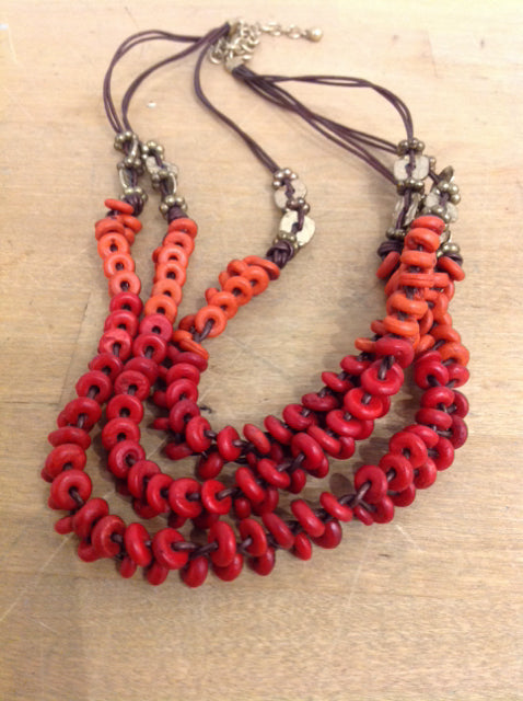 Necklace- Red Beaded & Leather