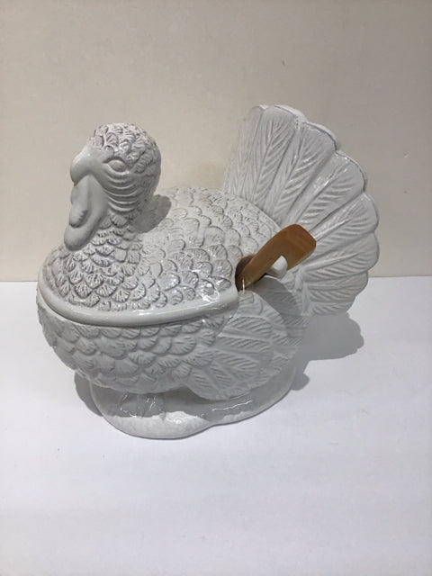 White Ceramic Turkey Tureen w/Wood Ladle
