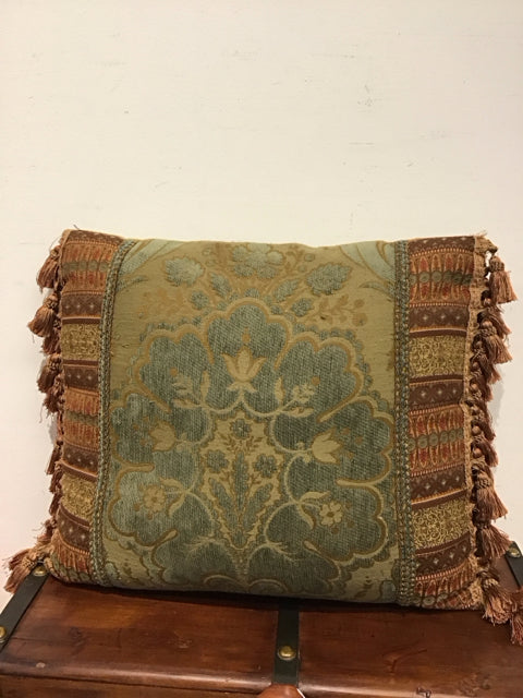 19"x16" Tapestry Brown Gold Green Tassled Pillow