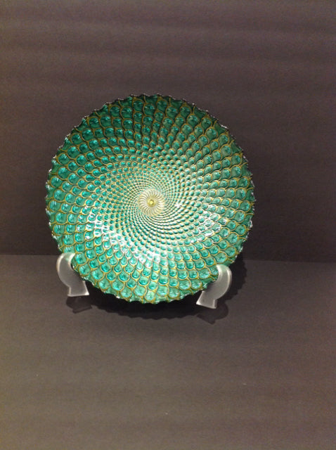 13" Iridescent Glass Peacock Bowl w/Stand