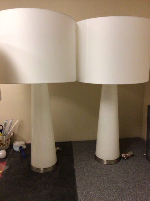 Pair Of White Glass Cone & Chrome Base Table Lamps W/Shades