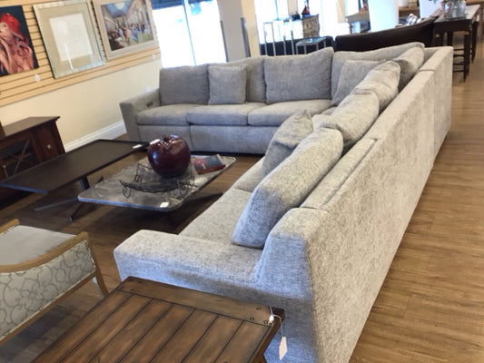 AS-IS Baker Furniture Bespoke Grey Chenille Down Filled Sectional W/Extra Batter