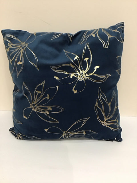 Blue Velvet Pillow w/Gold Stitched Florals