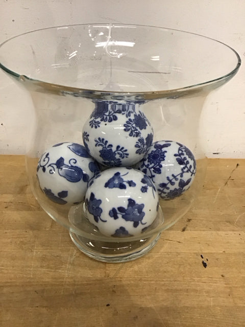 11" Glass Vase w Blue and White Balls