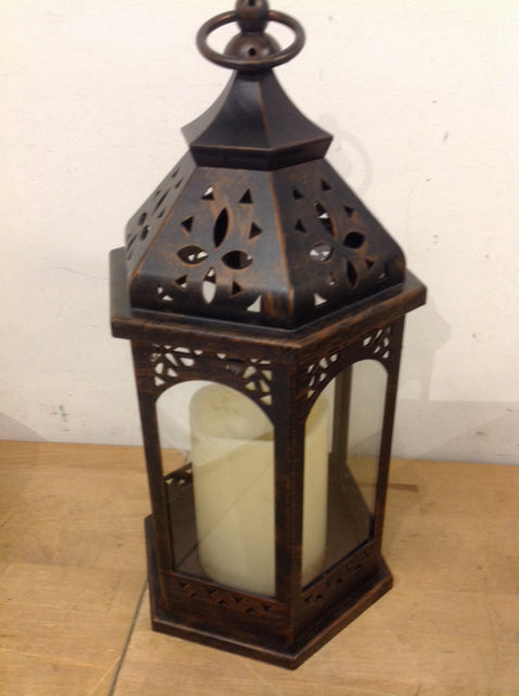 18" Bronze Metal Lantern W Candle