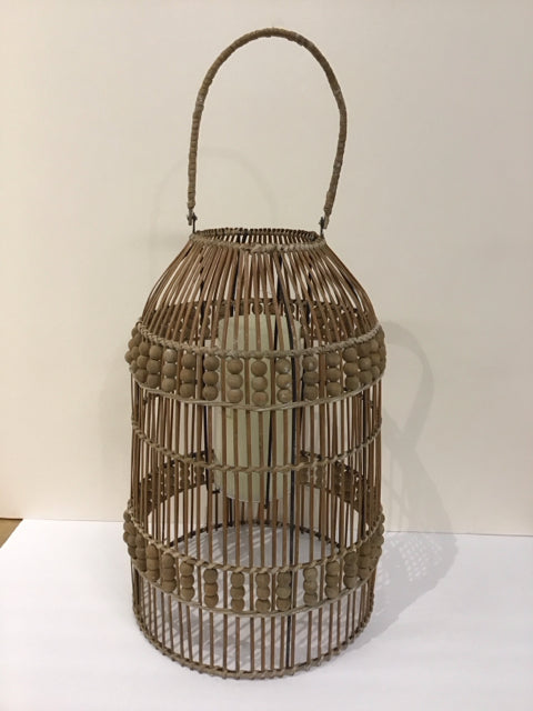 25" Rattan Wood/Bead Lantern w/Candle