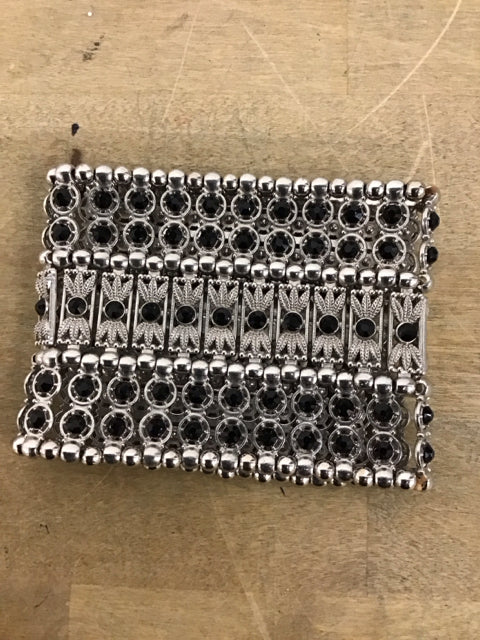 Silvertone Black Beaded Stretch Cuff Bracelet