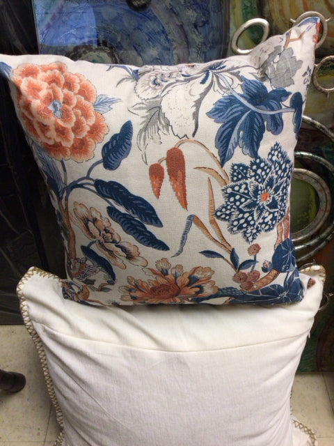 White Fabric Bird & Floral Pattern Pillow