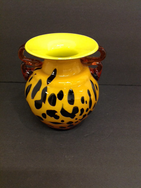 7" Yellow Art Deco Glass Vase w/Handles
