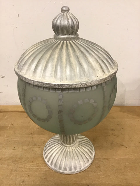 13" Footed Green Glass W/Silver Mosaic Pattern Resin Lid Jar