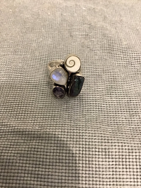 Silvertone Pearl Moonstone Amethyst Ring