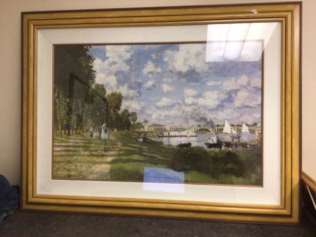 47" X 35" Light Wood Framed Park Landscape Oil Painting On Board