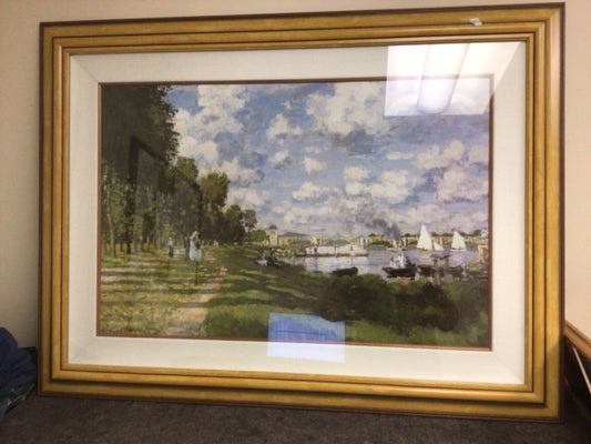 47" X 35" Light Wood Framed Park Landscape Oil Painting On Board