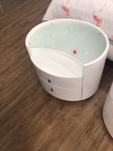 White Lacqured Glass Top Two Drawer Nightstand