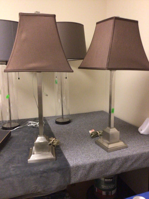 Brushed Stainless Steel Adjustable Table Lamps W/Brown Shades