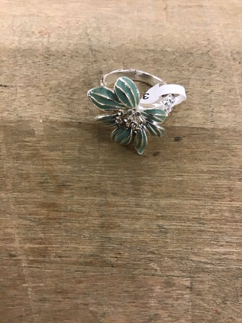 Teal Enamel Floral Silvertone Ring