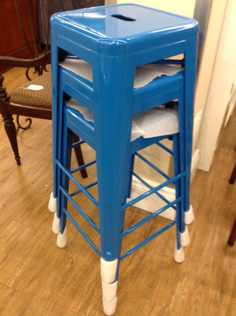 Bar Stools - Set Of 3 Blue Metal