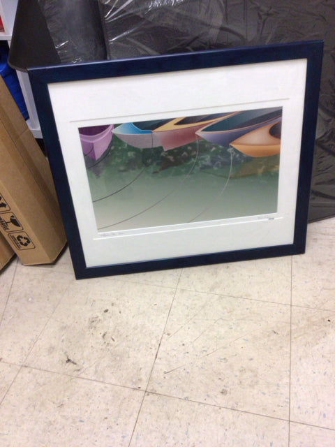 22 1/2" X 26 1/2" Blue Framed Signed Boat Print