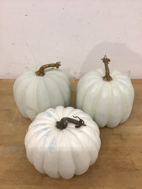 Set Of 3 Green Blue & White Decorative Pumpkins
