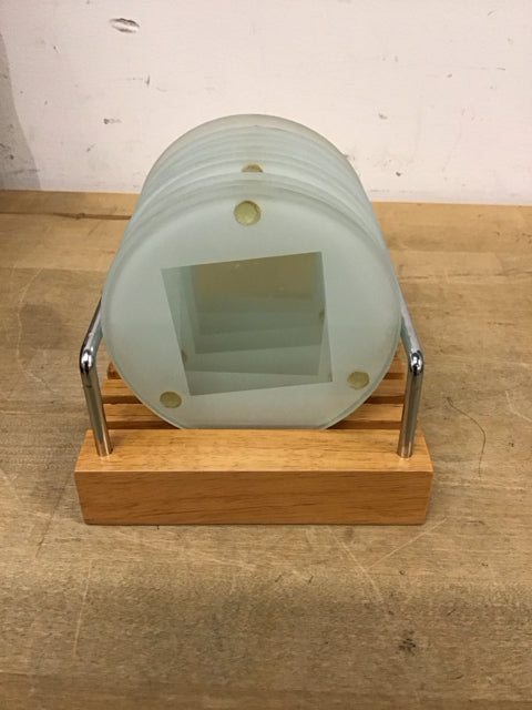 Set Of 6  Frosted Glass Coaster W/Wooden Holder