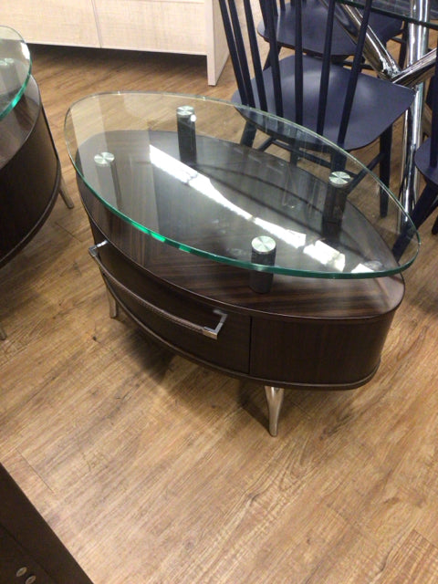 Dark Brown One Drawer Oval Glass Top Nightstand