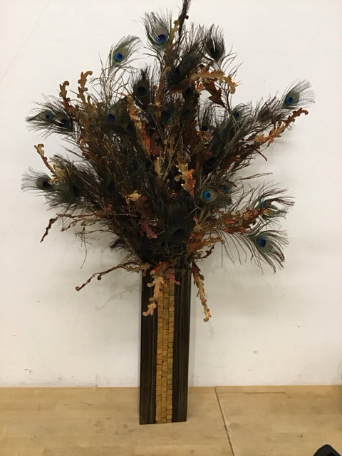 45" Fall Leaves And Peacock Feathers Bamboo Vase