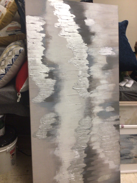 28 3/8" X 58 3/8" Grey/Silver Textured Abstract Print On Canvas