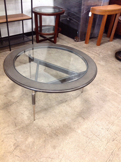 Round Glass Coffee Table w/Wood & Metal Base