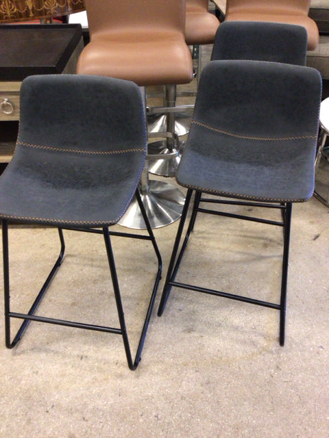 Set Of 3 Charcoal Orange Trim Fabric & Metal Bar Stools