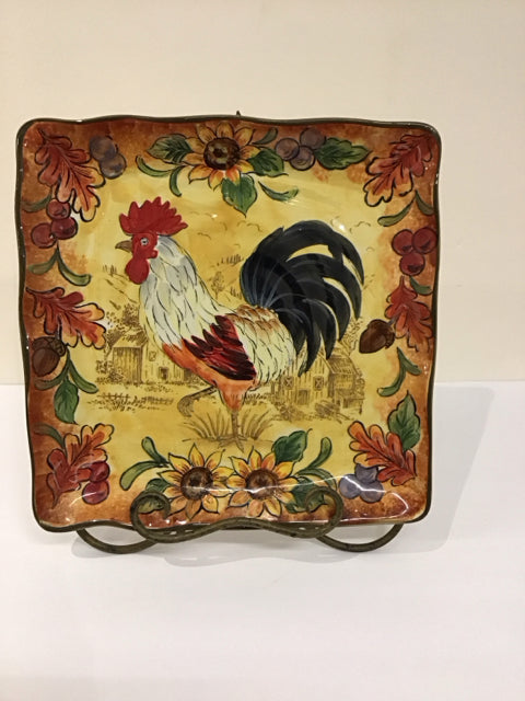 12"Sq Maxcera "Fall Rooster"  Plate w/Stand