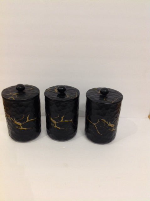 Set/3 Gold Veined Black Stoneware Jars