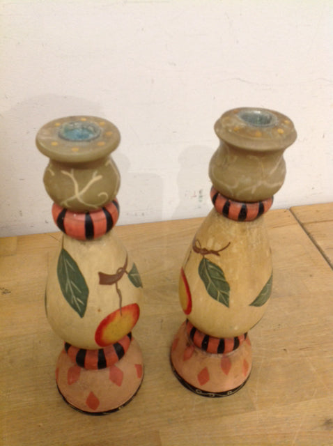 Candle Holders - 10" Pair Of Painted Wood